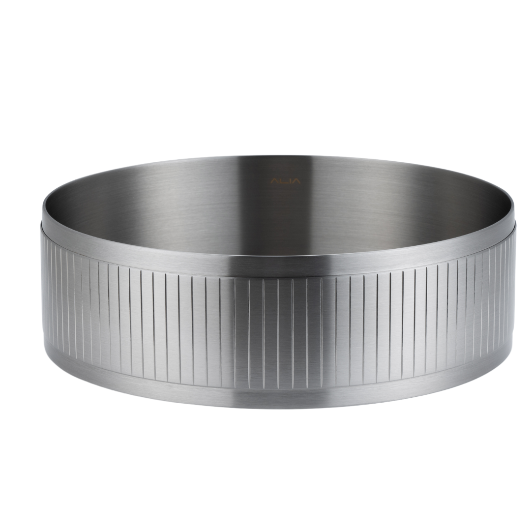 Brushed silver textured round bathroom basin by ALIA, made from stainless steel for a modern, elegant look in small bathrooms or powder rooms.