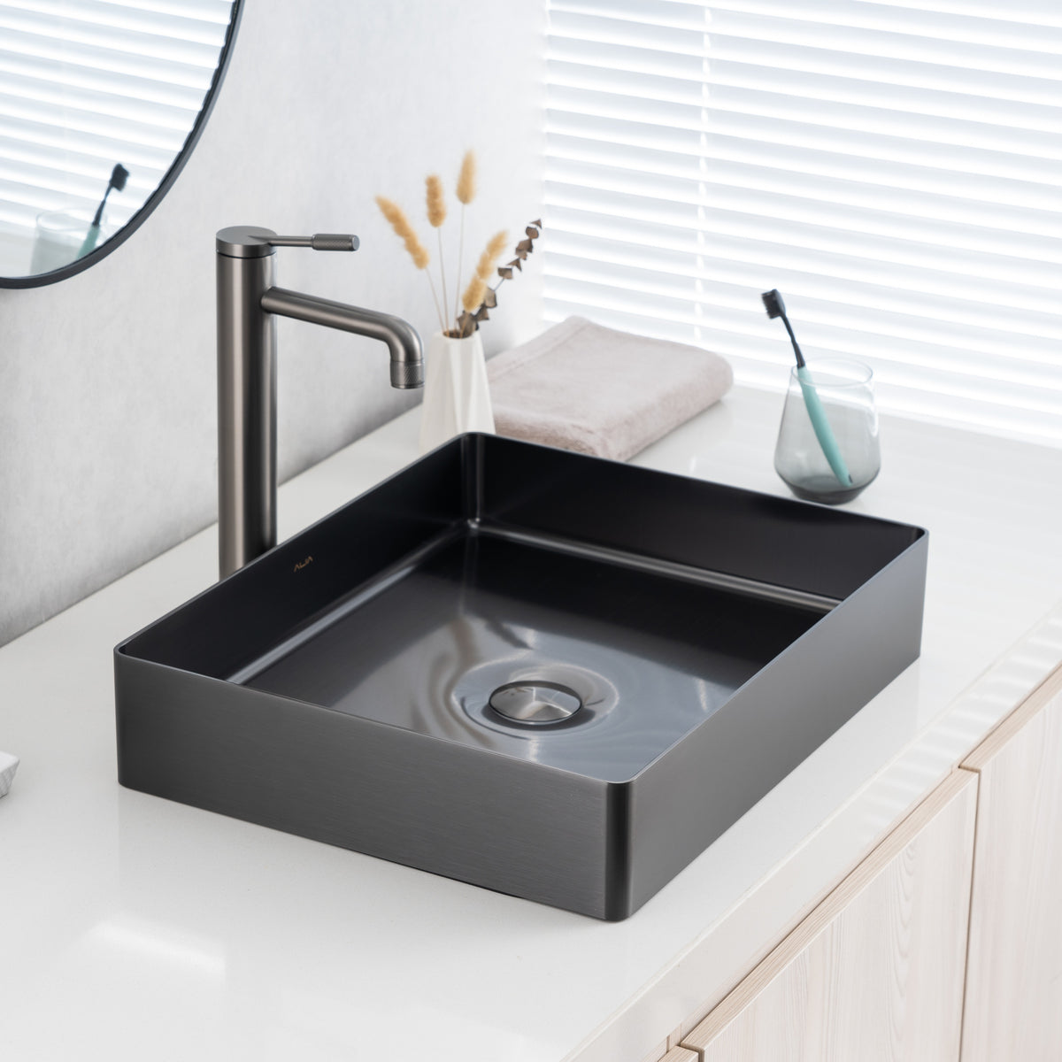 Gunmetal grey rectangular stainless steel bathroom basin, ideal for modern bathrooms or kitchens, featuring above-counter installation—premium ALIA basin sink for contemporary spaces.
