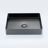 ALIA rectangular stainless steel bathroom basin in gunmetal grey displays a sleek, hygienic design, perfect as a feature sink in residential or commercial bathroom remodels.