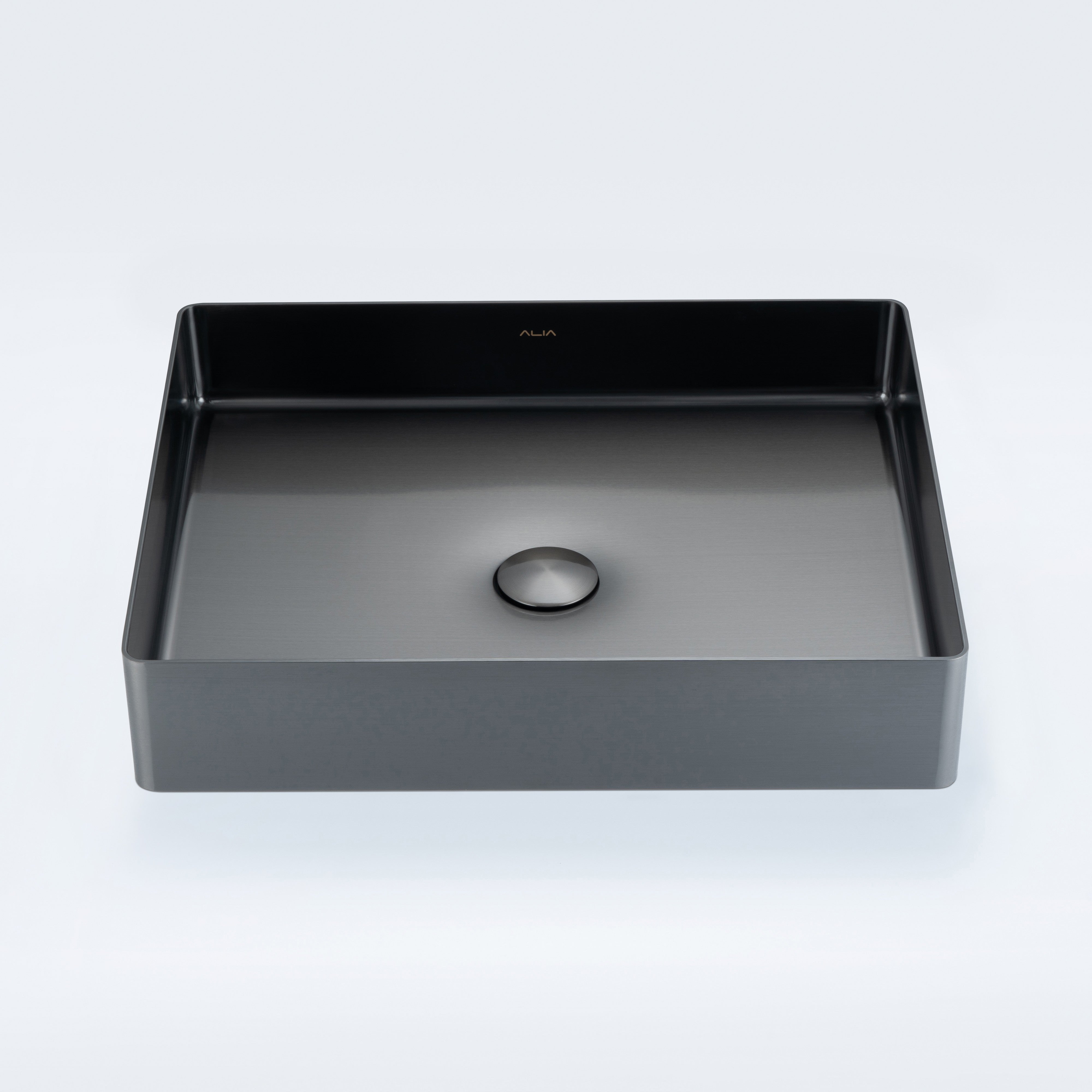ALIA rectangular stainless steel bathroom basin in gunmetal grey displays a sleek, hygienic design, perfect as a feature sink in residential or commercial bathroom remodels.