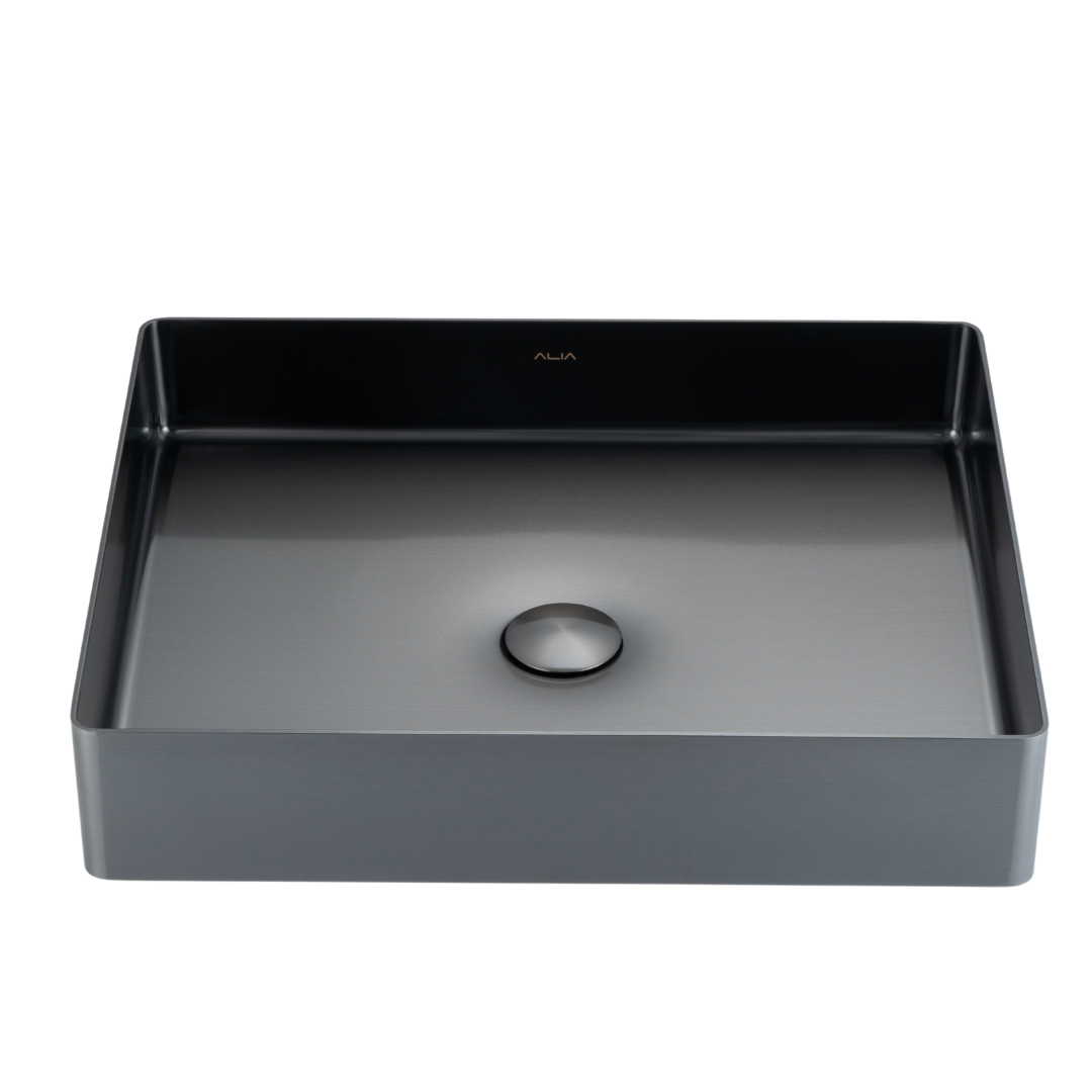 ALIA rectangular stainless steel bathroom basin in gunmetal grey displays a sleek, hygienic design, perfect as a feature sink in residential or commercial bathroom remodels.