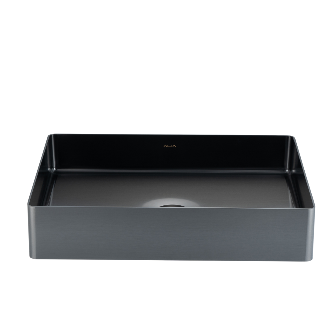 Gunmetal grey rectangular stainless steel bathroom basin, ideal for modern bathrooms or kitchens, featuring above-counter installation—premium ALIA basin sink for contemporary spaces.