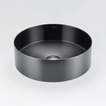 Modern ALIA above-counter bathroom basin featuring sleek gunmetal grey stainless steel for a premium look. Black round sink on a light grey background.