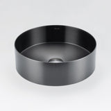 Modern ALIA above-counter bathroom basin featuring sleek gunmetal grey stainless steel for a premium look. Black round sink on a light grey background.