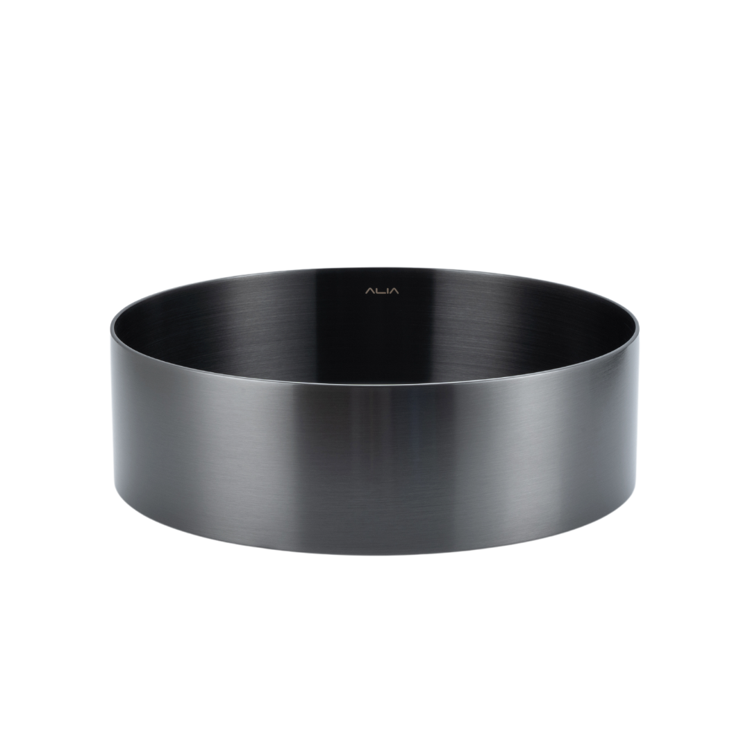 Gunmetal grey round stainless steel bathroom basin from ALIA, crafted for stylish, modern bathrooms with above-counter sinks.