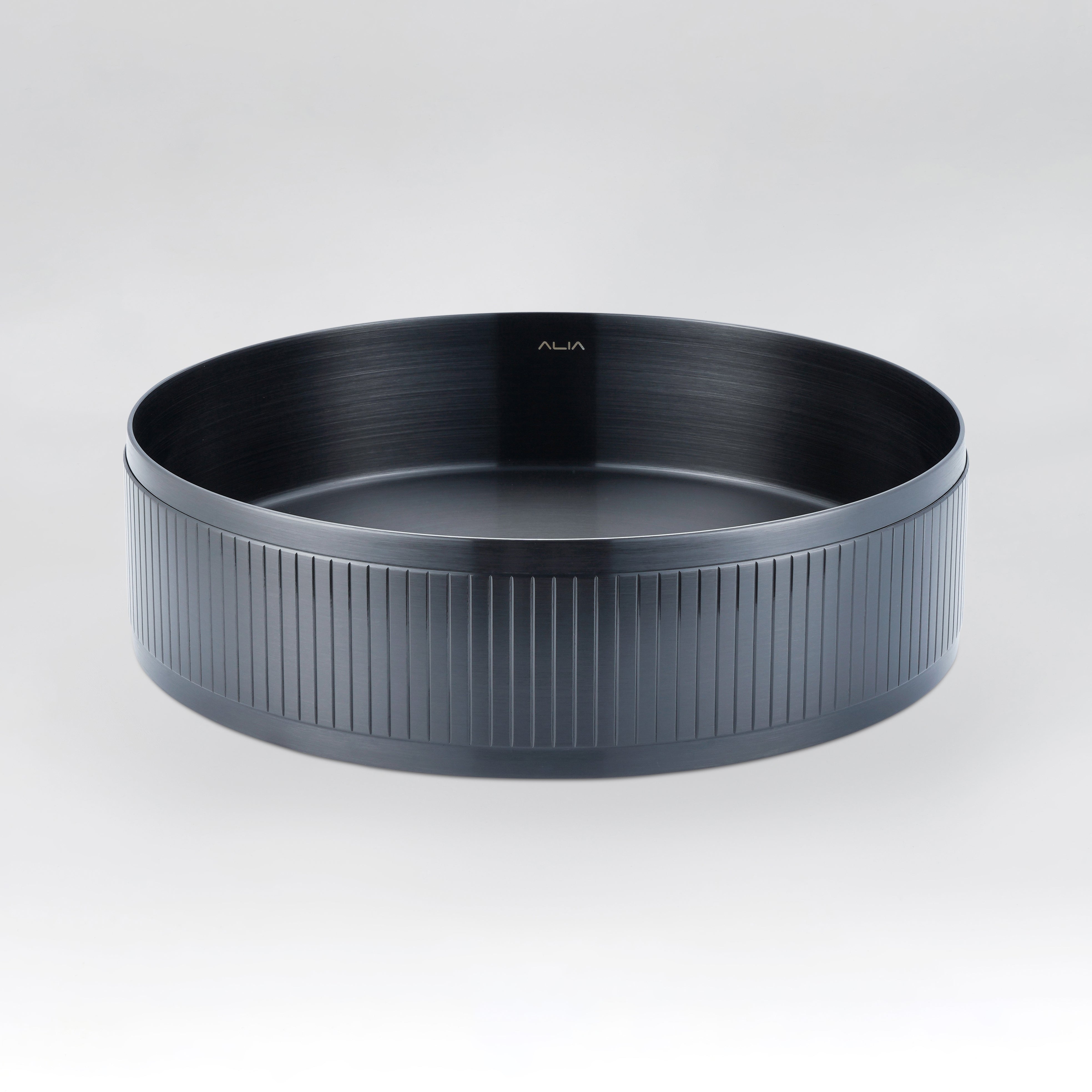 ALIA textured gunmetal grey round stainless steel basin featuring a unique matte finish for bold, modern bathrooms.