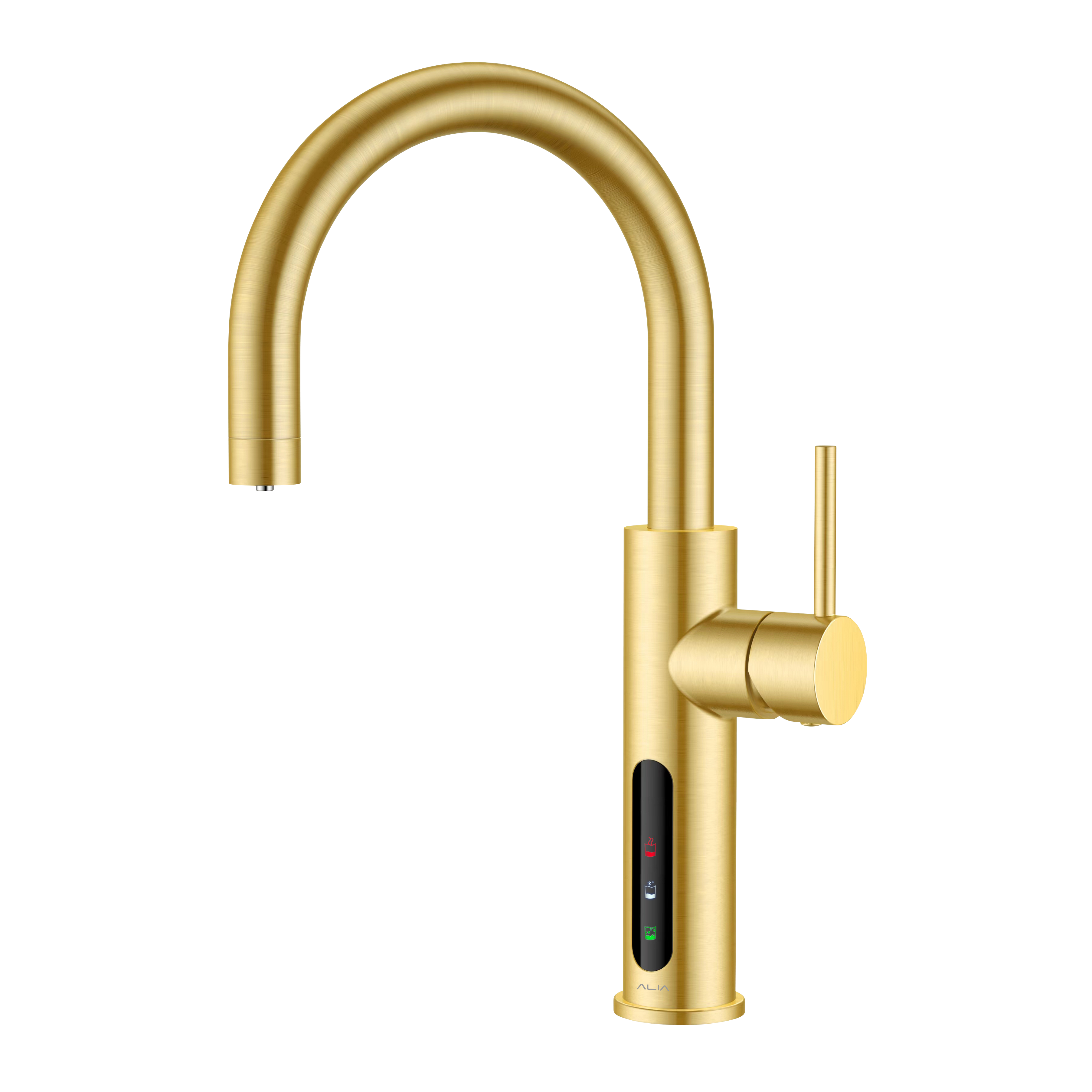 Alia X51 instant hot, cold, and sparkling filtered water tap featuring a brushed gold finish on a transparent background, suitable for elegant and on-trend kitchen water filtration.