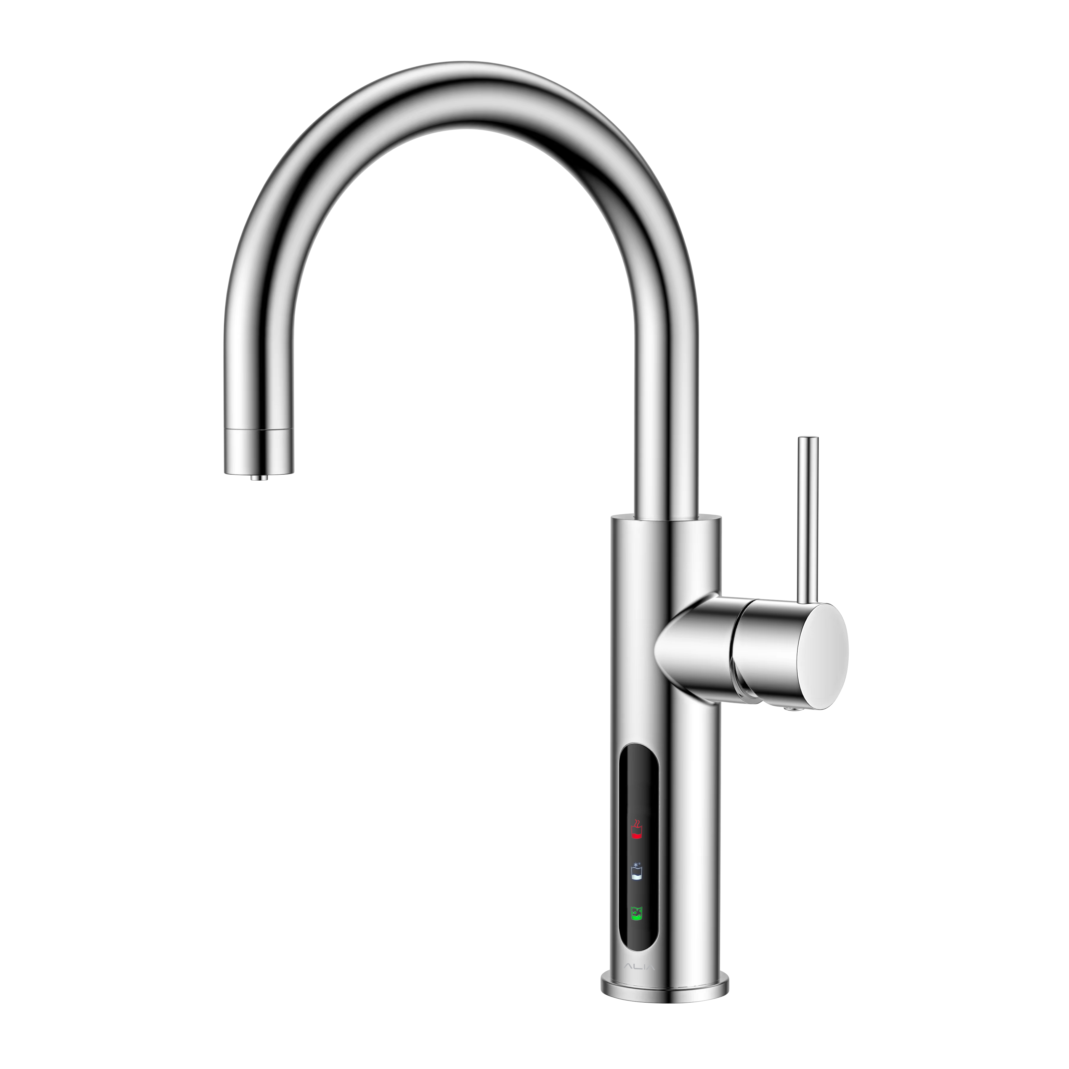 Alia X51 instant hot, cold, and sparkling filtered water tap in chrome finish displayed on a transparent background, perfect for modern kitchens seeking premium water filtration solutions.