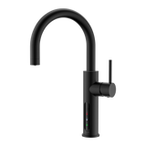 Alia X51 instant hot, cold, and sparkling filtered water tap in matte black on a transparent background, offering a sleek and modern option for kitchen water filtration.