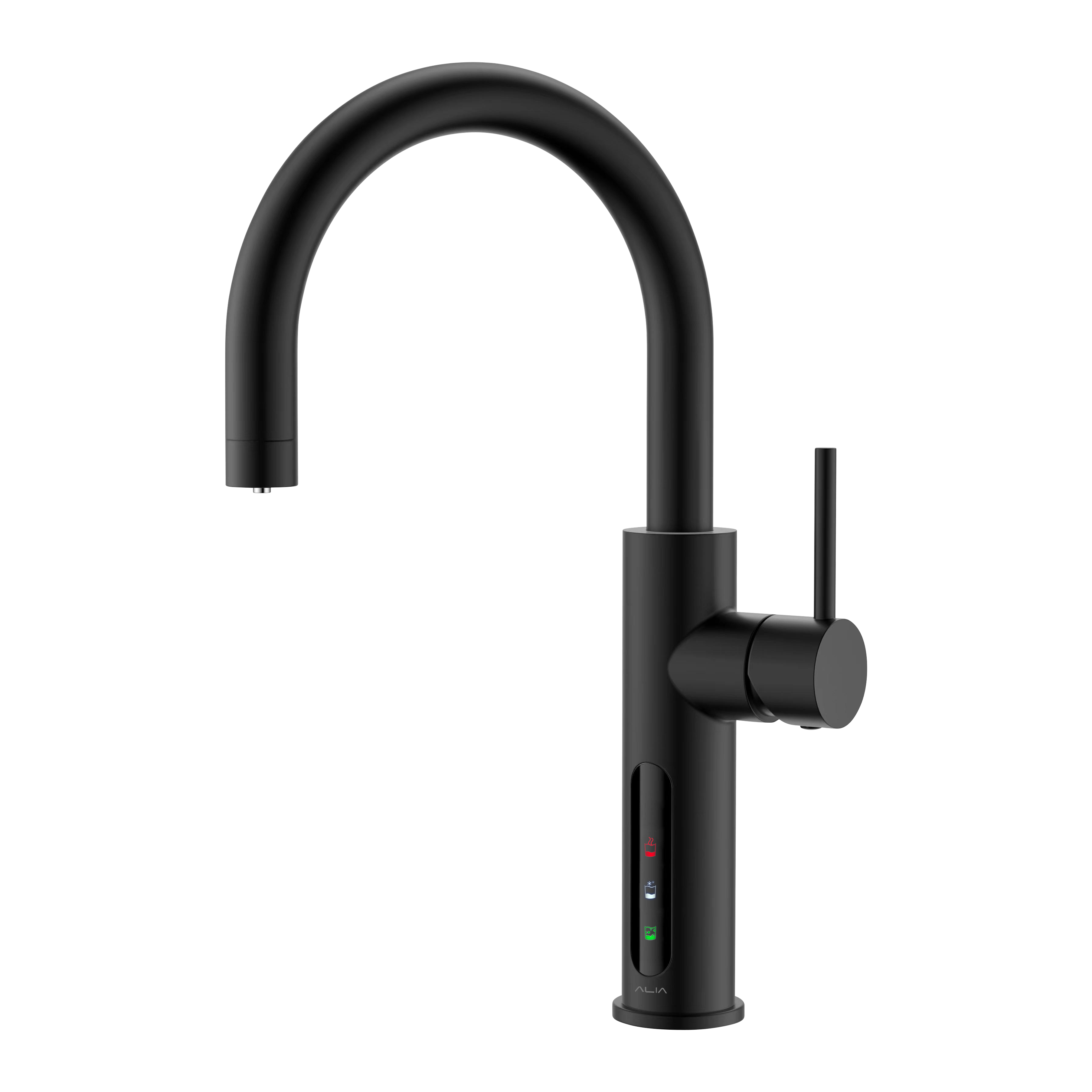 Alia X51 instant hot, cold, and sparkling filtered water tap in matte black on a transparent background, offering a sleek and modern option for kitchen water filtration.