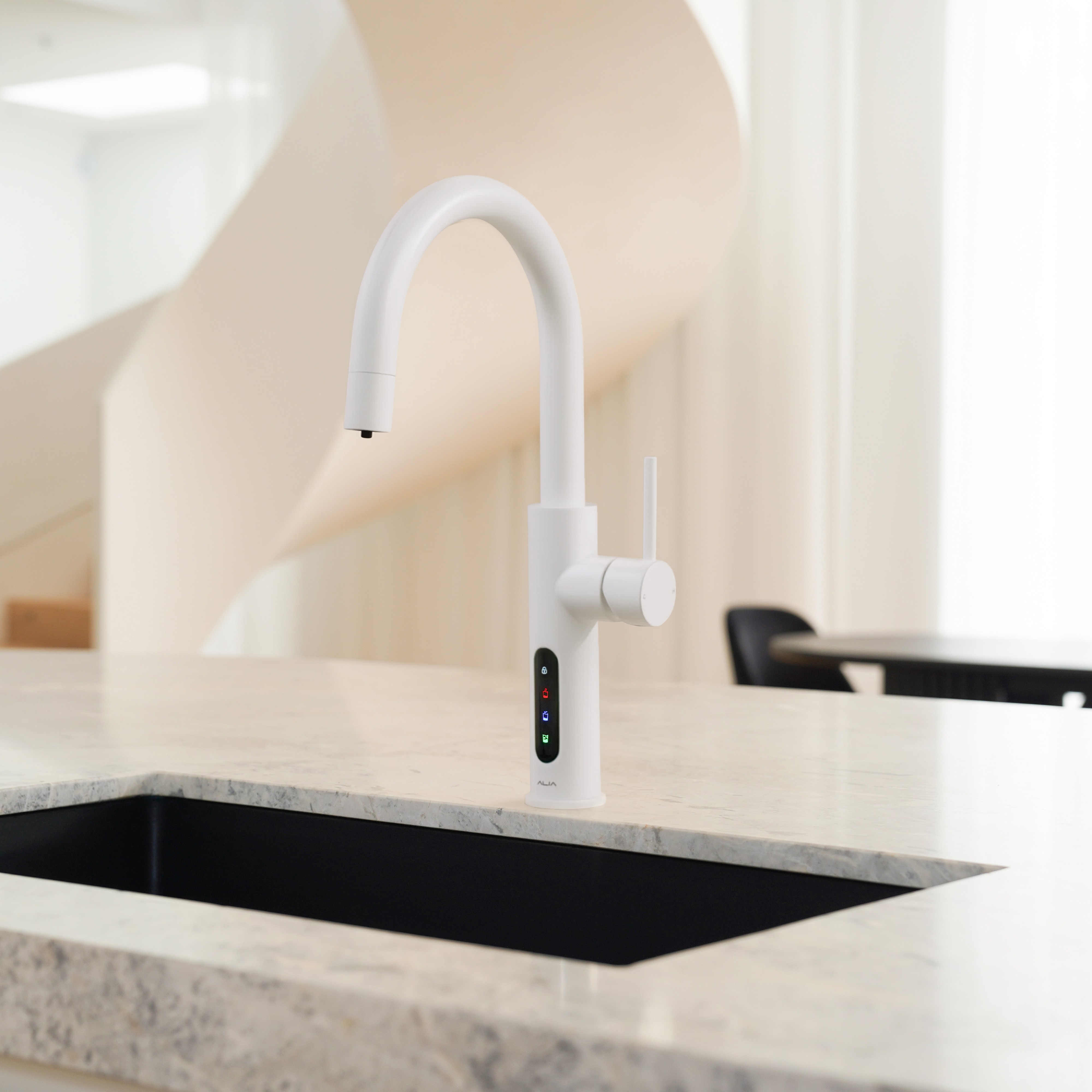 Alia X51 instant hot, cold, and sparkling filtered water tap in Stormtrooper matte white finish, designed to resemble the iconic Star Wars Stormtrooper armour, installed in a modern kitchen showcasing advanced filtration and sleek design.