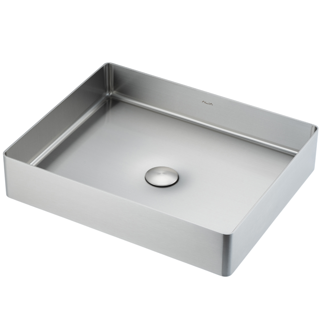 ALIA brushed silver bathroom basin in a sleek rectangular shape, offering a corrosion-resistant, easy-to-clean surface ideal for residential or commercial bathrooms.