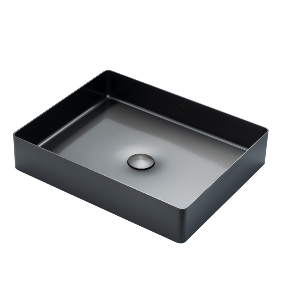 Premium gunmetal grey rectangular bathroom basin made of high-grade stainless steel, corrosion-resistant and easy to clean, with a modern above-counter silhouette.