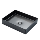 Premium gunmetal grey rectangular bathroom basin made of high-grade stainless steel, corrosion-resistant and easy to clean, with a modern above-counter silhouette.