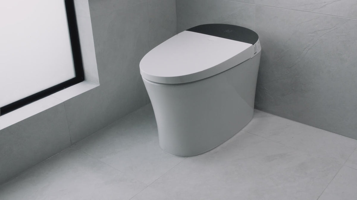ALIA smart toilet showing heated seat, dual nozzle bidet spray, warm air drying, deodorisation, remote control panel and jet flushing