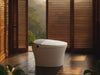 Alia smart toilet in a modern bathroom with timber louvre shutters overlooking a misty rainforest view