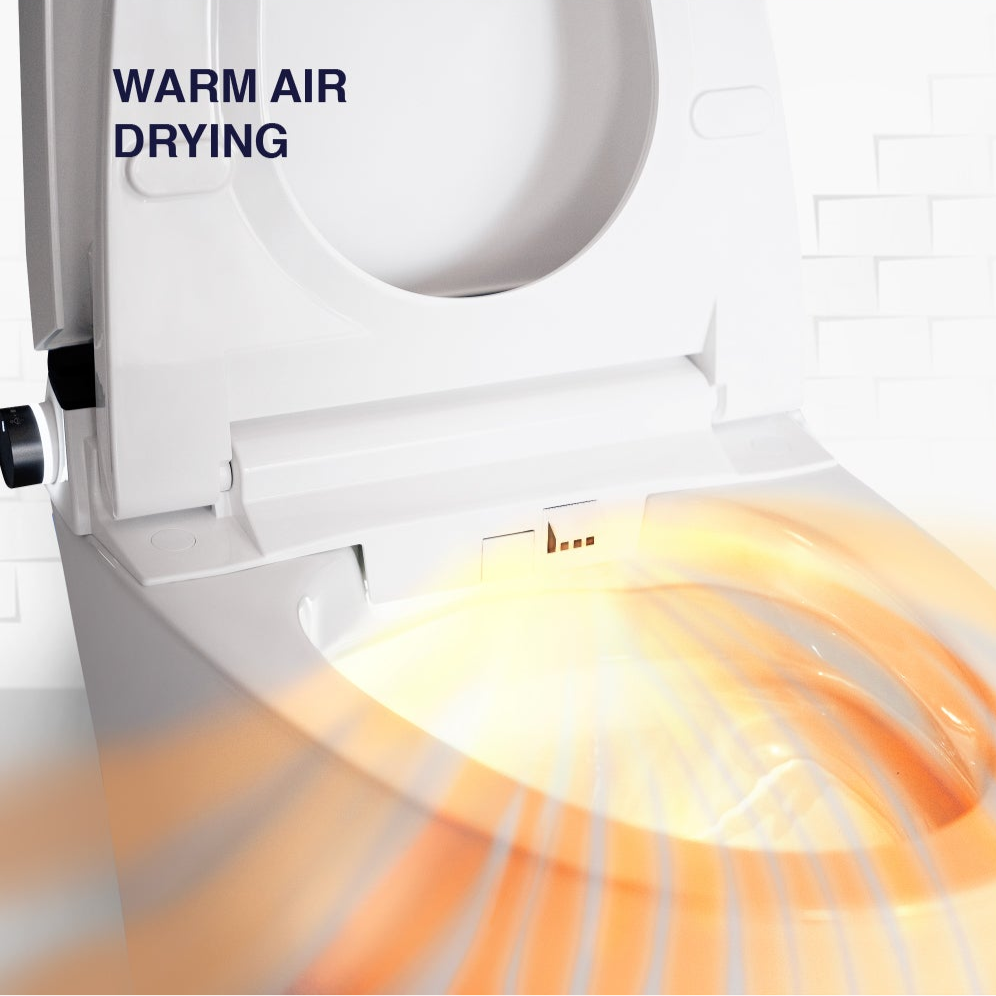 Close-up of the ALIA AG-ST1000 smart toilet integrated bidet’s adjustable warm air dryer in white, providing a hygienic hands-free drying experience after every use.