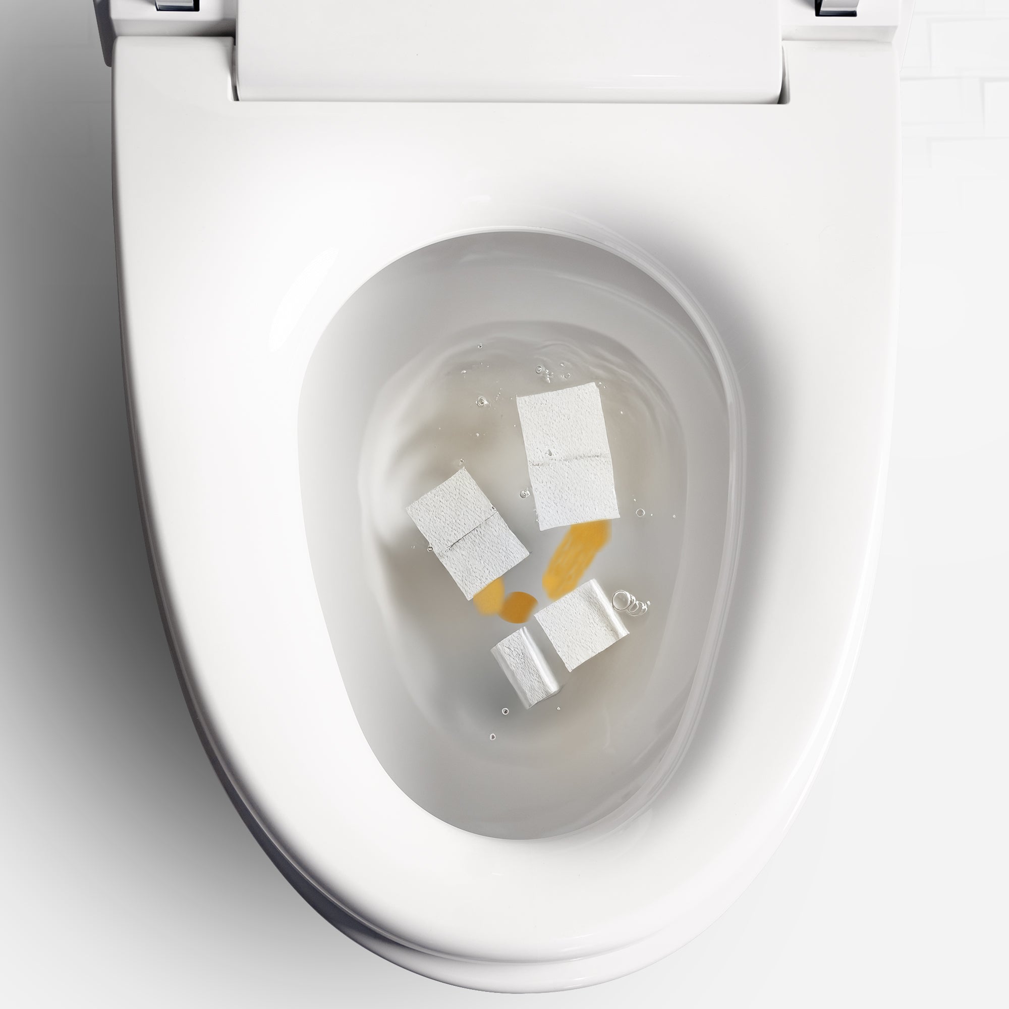 Flush test of ALIA AG-ST1000 smart toilet and integrated bidet in white, successfully clearing tissue paper to demonstrate efficiency and hygiene.